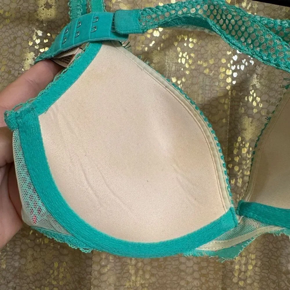 Victorias Secret Teal Lace Rhinestone Dream Angels‎ Push Up Bra 32B
